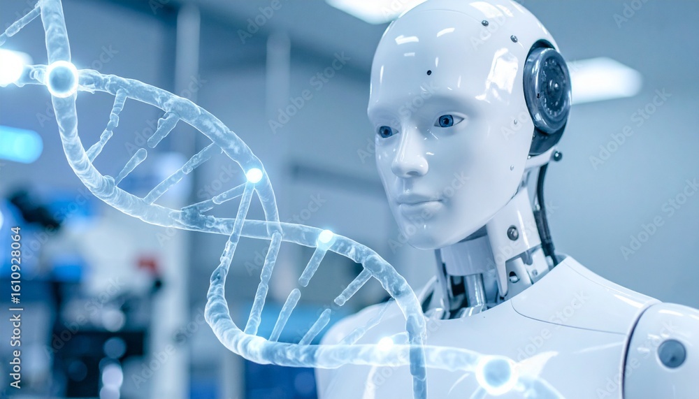 Poster an ai robot next to a glowing dna strand. the scene is set in a futuristic laboratory setting, creat