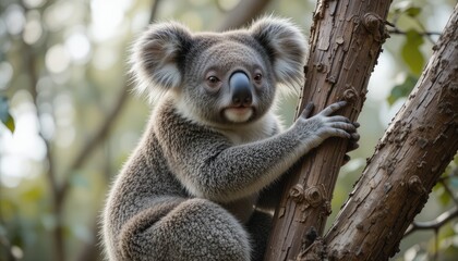 Naklejka premium Bayi koala marsupial yang lucu di pohon eukaliptus