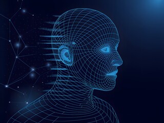 Blue wireframe human head with digital connections image