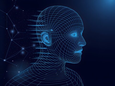 Blue wireframe human head with digital connections image