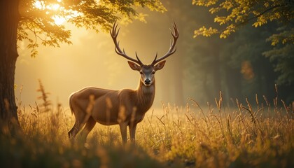 A majestic brown wild deer with impressive antlers stands in an open forest.