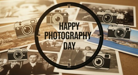Happy Photography Day Framed by a Lens over a Nostalgic Photo Collage