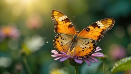 Naklejka premium A bright orange butterfly perches gracefully on a pink flower in a summer garden, showing off beautiful macro details of this fascinating insect in nature.