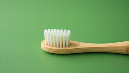 Close up of a bamboo toothbrush with white bristles on a green background studio shot minimalist style