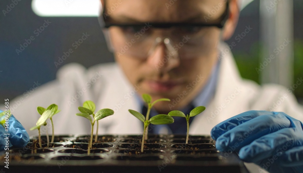 Poster a scientist's observation: analyzing plant growth in a lab setting. this image captures a scientist'