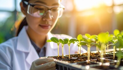 A female scientist carefully examines young seedlings in a greenhouse, symbolizing research and cultivation.
