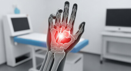 Human Hand Skeleton with Red Pain Highlight in Medical Setting