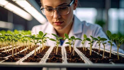 A scientist examining seedlings in a laboratory setting, science and technology working together. The scientist wears glasses and a lab coat