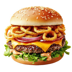 A Delicious Gourmet Burger with Onion Rings: An appetizing, mouthwatering close-up shot features a hearty burger with sesame seed bun, cheese, onion rings, lettuce, tomato and sauce.