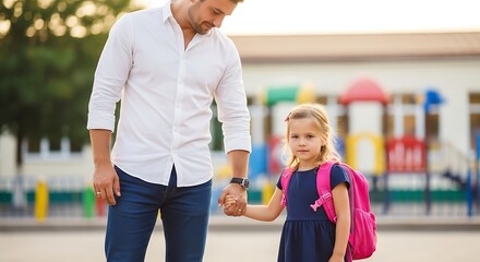 A father and daughter holding hands in front of a school playground on a sunny day going to school