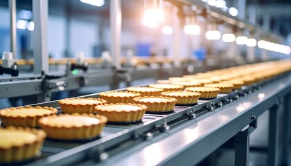 Factory conveyor belt carrying rows of golden-brown mini tarts