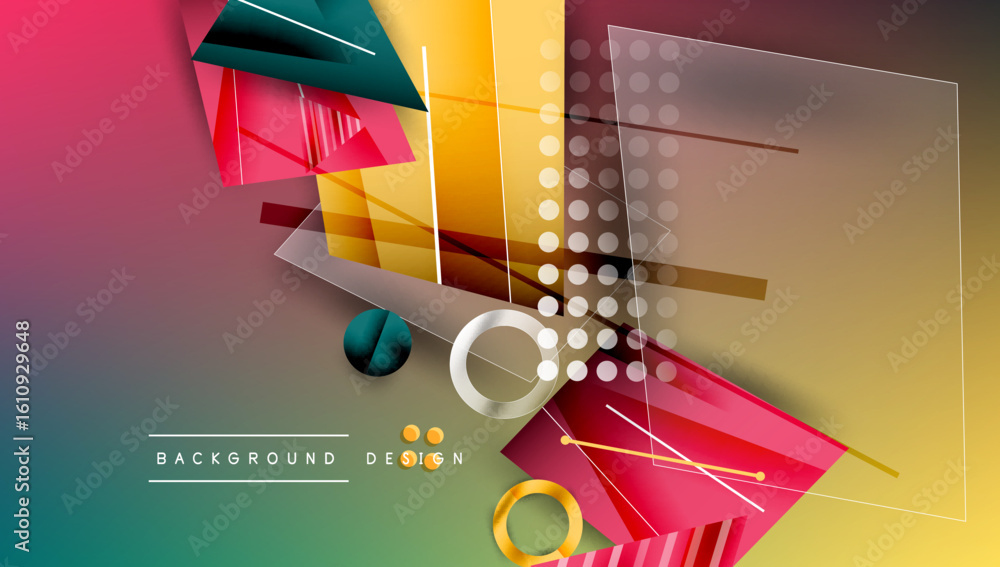 Poster abstract geometric composition. vivid colors blend, creating dynamic visual experience. shapes overl