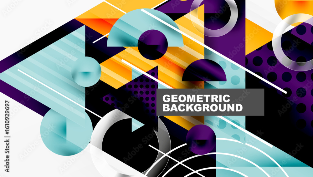 Poster abstract geometric composition. vibrant colors, shapes overlap creating dynamic visual effect. moder