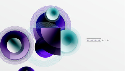 Abstract circles overlap, creating dynamic visual effect. Gradient colors blend, forming modern background design. Smooth lines suggest movement.