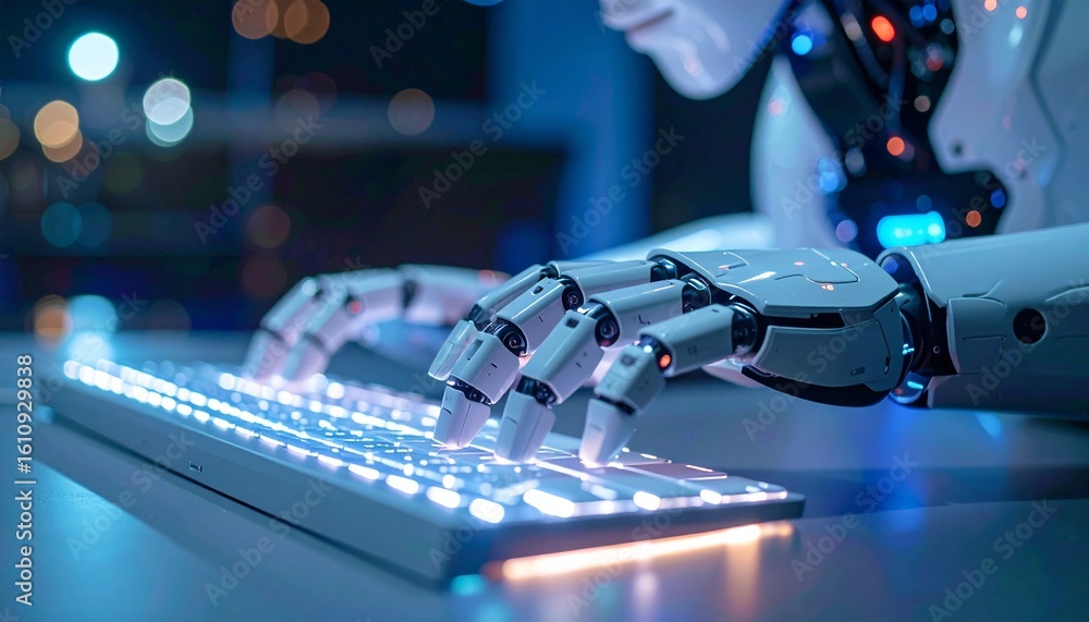 Poster close-up of a futuristic robot's hand interacting with an illuminated keyboard, emphasizing technolo