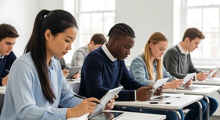 Students using tablets in a classroom setting with natural light coming through the windows at daytime