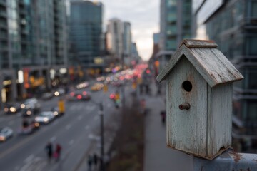 A rustic birdhouse sits on a railing above a bustling city street at dusk, with blurred traffic and tall buildings lining the horizon