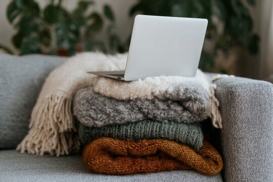 A laptop is placed on a tidy pile of soft, colorful blankets near a cozy couch in a stylish living space filled with plants