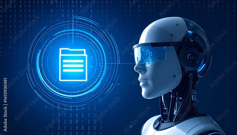 Poster a futuristic cyborg with an illuminated document icon representing technology and artificial intelli