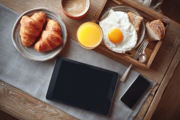 Delicious breakfast includes croissants, fried eggs, orange juice, and a tablet on a rustic wooden table