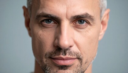 Obraz premium Close-up portrait of a man with graying hair and stubble, intense gaze