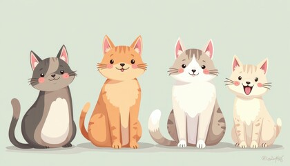 Obraz premium Four Adorable Cartoon Cats in a Row
