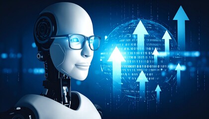 AI robot gazing with glasses and arrows pointing upward. The blue light highlights the globe
