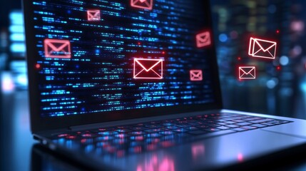 Laptop screen displays email icons over digital code at night.