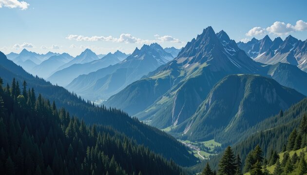 A panoramic alpine mountain landscape with snow-capped peaks, green valleys, and a clear sky, perfect for a winter or summer view of nature  - Powered by Adobe