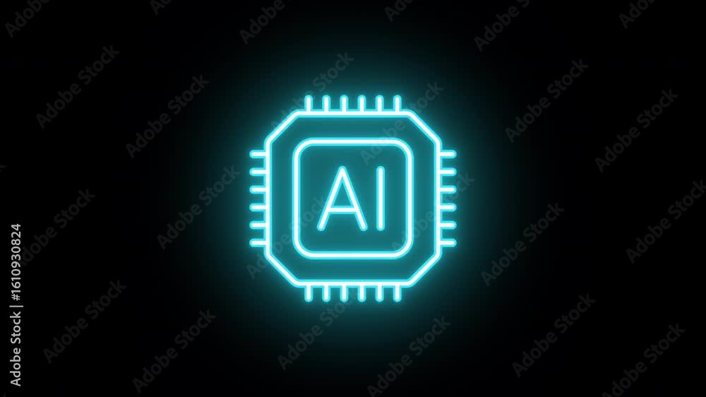 Poster neon ai microchip icon, uniform rotation with color blink. glowing neon 3d computing processor icon,