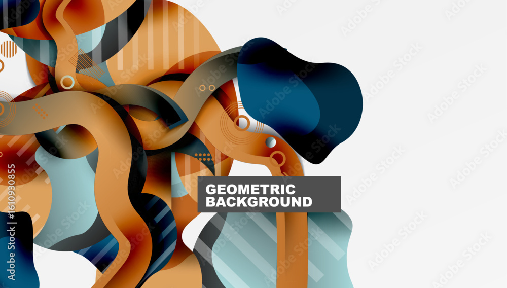 Poster abstract geometric shapes, fluid forms, warm cool tones create dynamic composition. modern design el