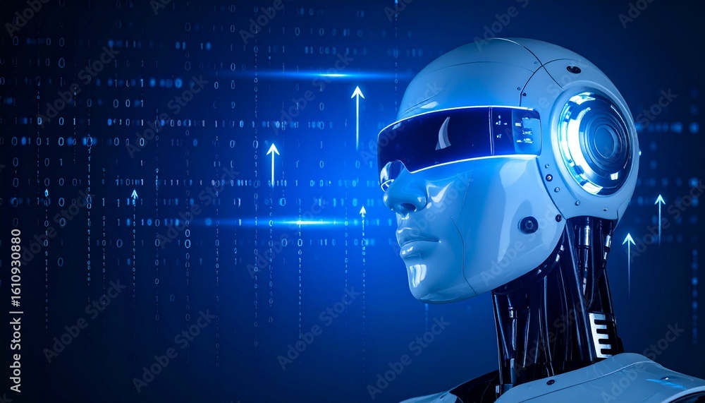 Aufkleber futuristic robot with a blue light overlay. the robot's face features sleek lines and advanced techn