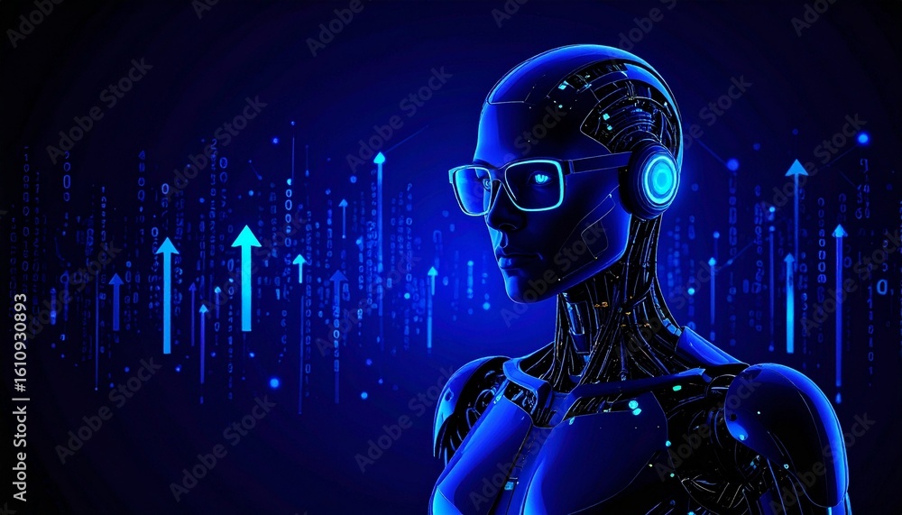 Poster a futuristic robot portrait in a sleek, modern design. the robot is set against a backdrop of techno