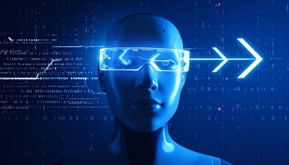 A futuristic humanoid with glowing glasses and arrow pointing forward