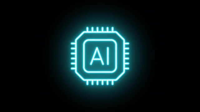 Neon AI microchip icon, uniform rotation with color blink. Glowing neon 3D computing processor icon, looped spin with blink. Computer chip for AI tasks, integrated AI algorithms. 4 colors