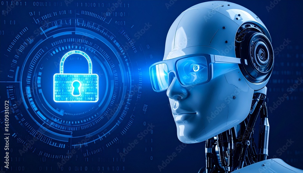Poster ai-powered robot gazing at a digital security lock, symbolizing data protection and technological ad