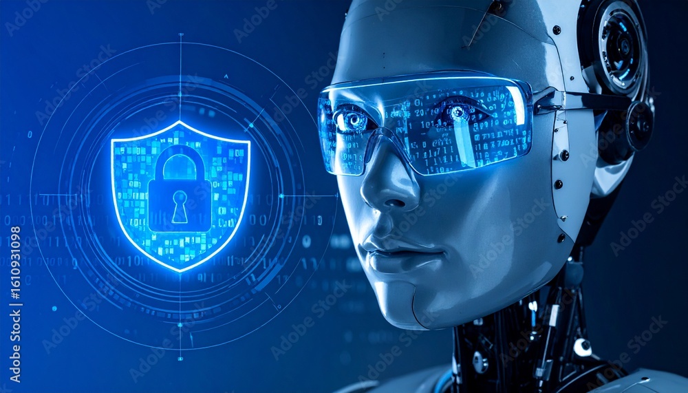 Poster the futuristic robot with a security shield and lock icon, symbolizing cybersecurity