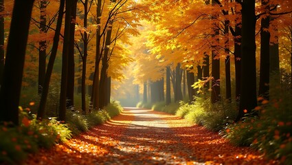 Autumn forest path with golden maple leaves floating in air, dappled sunlight