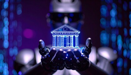 A futuristic robotic hand holding a glowing building illustration