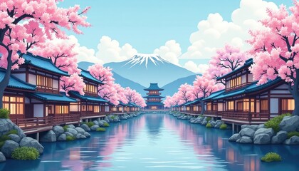 Obraz premium Serene Japanese Canal Town at Sunset, Mt. Fuji Backdrop, Cherry Blossoms