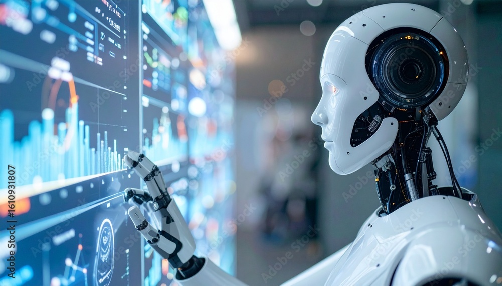 Poster a sophisticated robot interacting with a data-filled screen, showcasing futuristic technology and ar