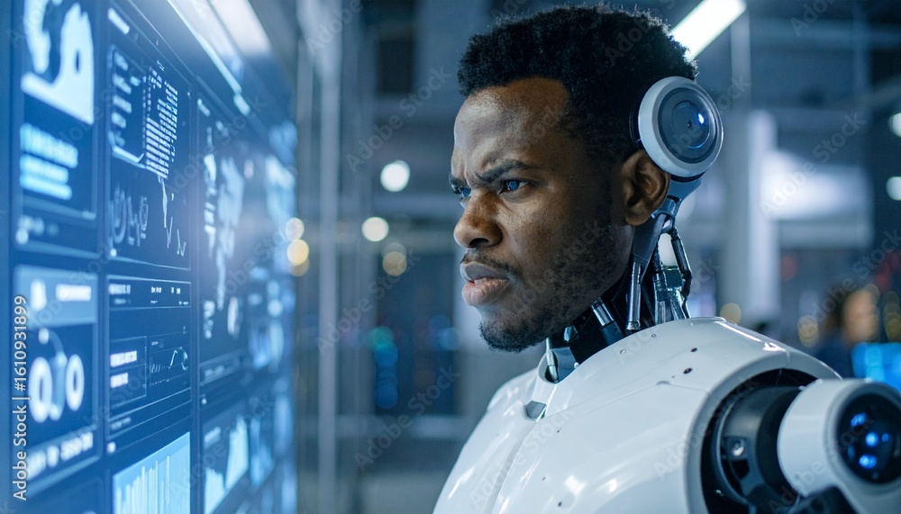 Poster a futuristic cyborg with advanced technology observing in a technological workspace