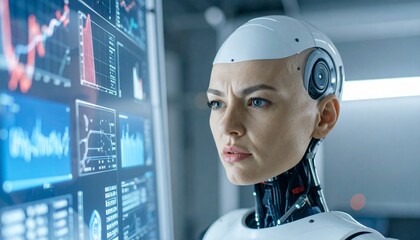 An intelligent robot analyzing complex data on a large monitor