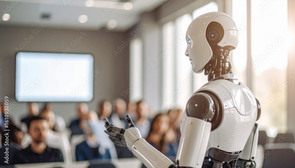 Poster a robot giving a presentation to a blurred audience. a futuristic robot standing in front of a group