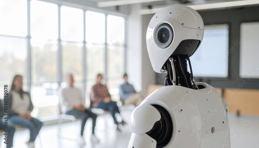 Poster an intelligent robot in a modern office setting. the robot is the focus, with a group of people sitt