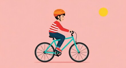 Joyful Boy on a Turquoise Bicycle, a Minimalist Sunny Day Illustration