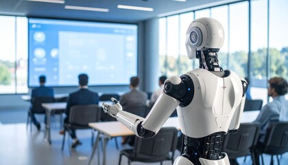 A futuristic robot delivering a presentation in a modern classroom