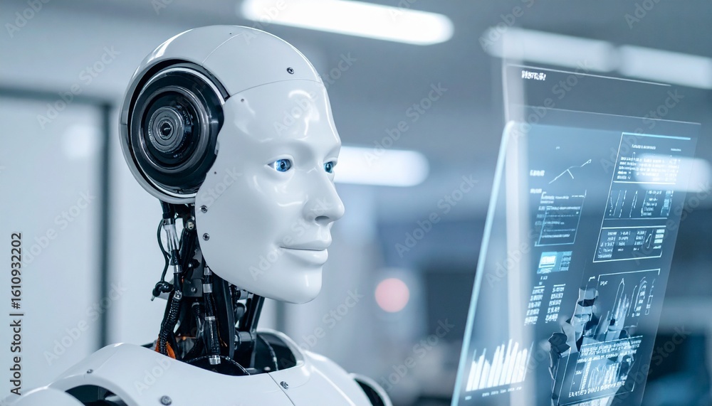 Poster a close-up shot of an advanced humanoid robot interacting with a holographic interface