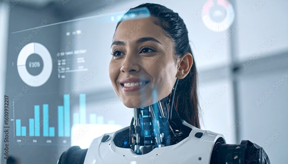 Poster an artificial human robot smiling in a futuristic lab. the robot exhibits high technology and intell