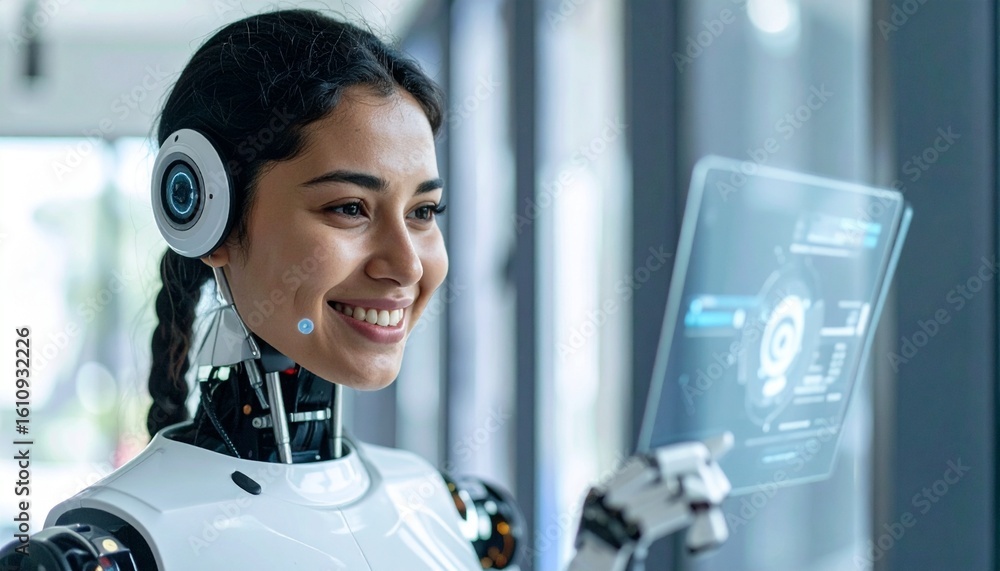 Aufkleber an andriod female using a virtual screen with a happy expression. her arms are partly mechanical